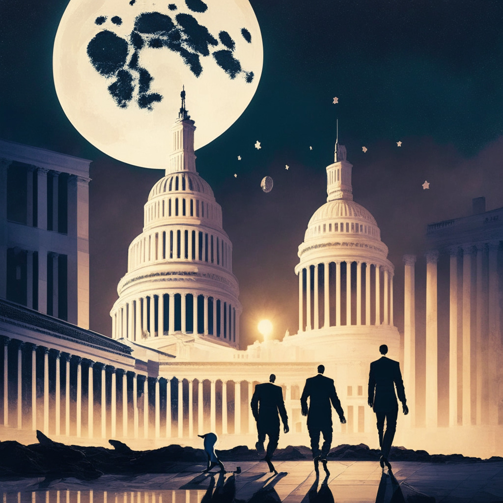 Surreal US Capitol Building in twilight hues, Shiba Inu coins soaring towards the moon, abstract representation of debt ceiling deal, dynamic 3% growth chart, three white soldiers in the foreground, subtle celebration in a market setting, soothing yet hopeful ambiance.