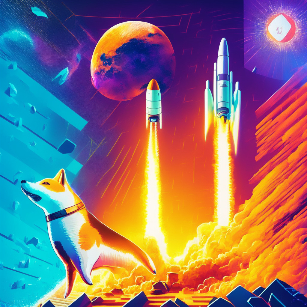 Cryptocurrency scene, Shiba Inu coin rising with a rocket, Shibarium launch pad backdrop, vibrant colors, digital monetary elements, glowing upward trend line, Layer-2 network, bright light rays, modern art style, fast transactions, energetic mood, supportive whales, potential competition with AiDoge.