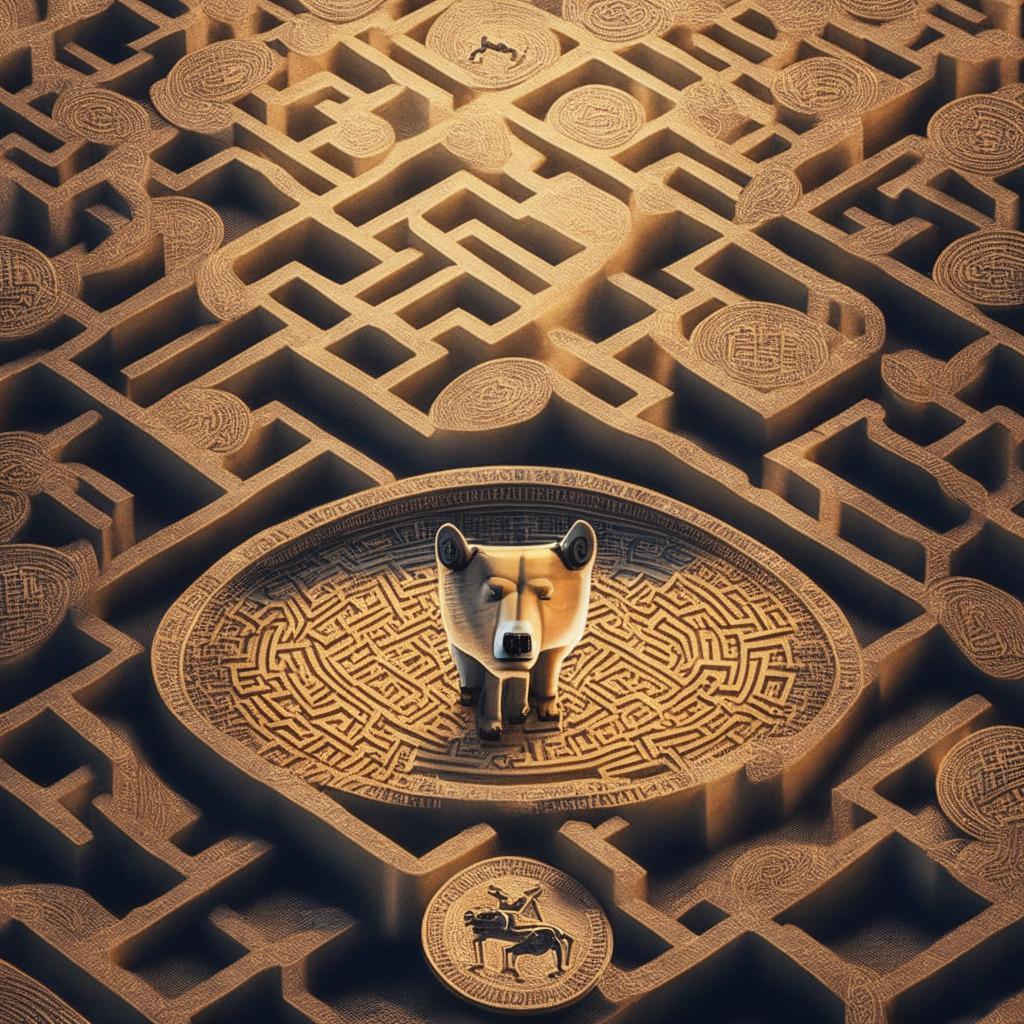 Mysterious cryptocurrency maze, Shiba Inu coin at center, AI-powered tokens rising in the background, subtle bull vs bear battle, warm lighting with contrasting shadows, detailed Baroque-inspired patterns, mood of intense anticipation, hints of imminent decision.