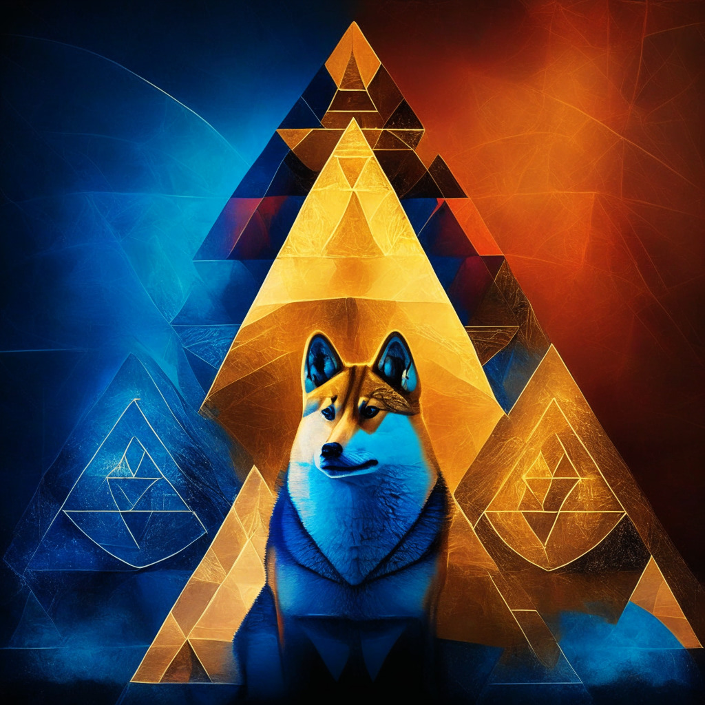Symmetrical triangle of Shiba Inu memecoin, tense trading atmosphere, converging trendlines, oscillating price, breakout potential, artistic mood: dramatic tension, chiaroscuro lighting, dominant colors: deep blues, reds, & golds, edge of decision moment, uncertain yet hopeful financial landscape.