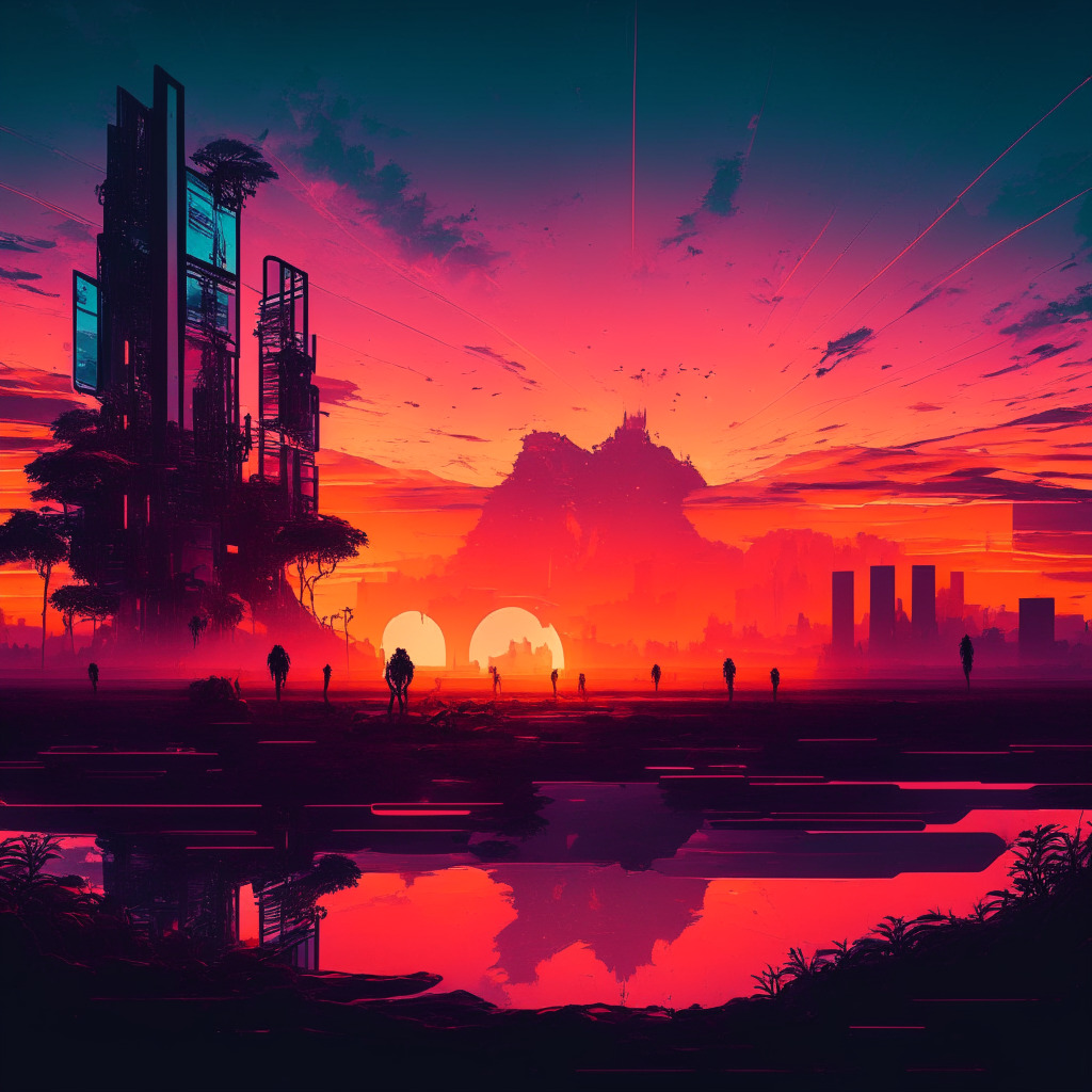 Sunset-hued cyber landscape, ShimmerEVM testnet error displayed on a futuristic screen, supportive community gathered around, contrast between IOTA and advanced competitors, tension and anticipation, sense of challenge and growth, shadow of a robust and competitive platform emerging.