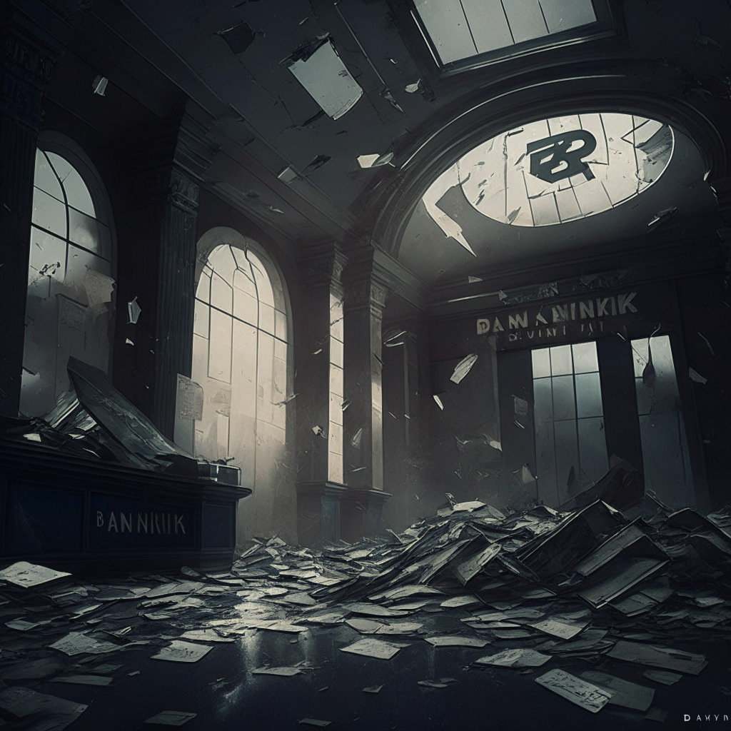 Gloomy bank interior, shattered bank sign, crypto coins scattered, officials investigating, dark stormy skies, financial charts plummeting, vintage painting style, chiaroscuro lighting, desperate mood, sense of collapse, $100 billion asset warning, hints of future regulations.