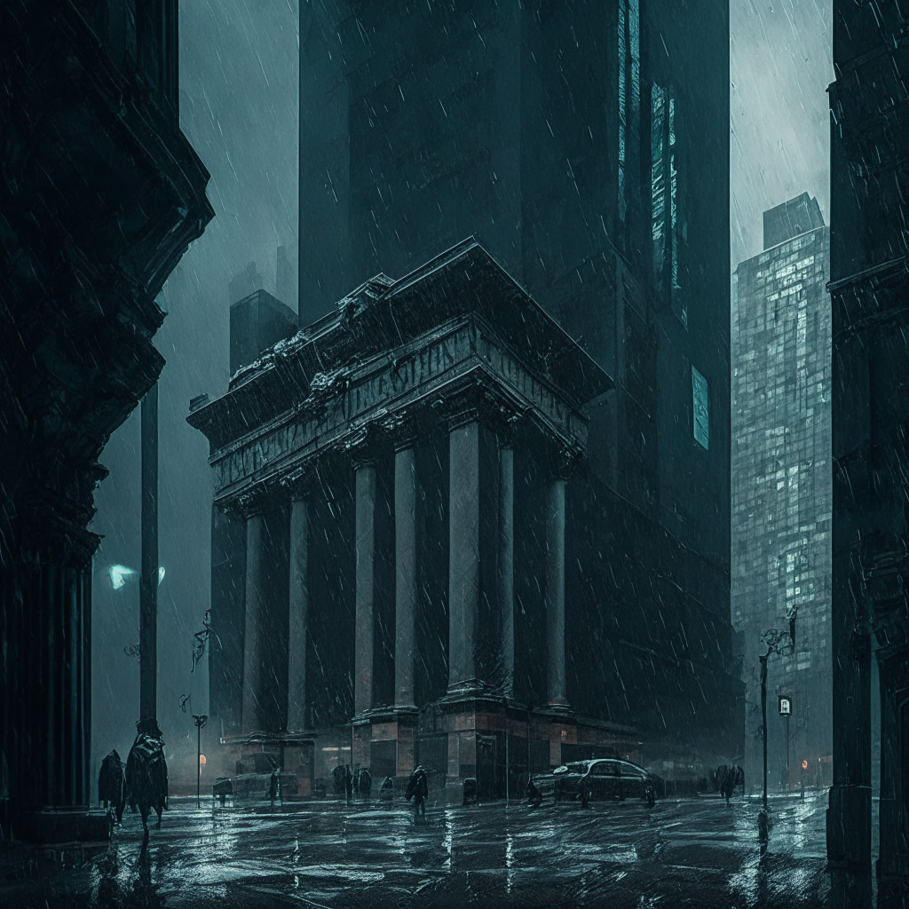 Gloomy financial district, stormy skyline, crypto coins falling like rain, shuttered bank entrance, fearful clients withdrawing funds, dwindling workforce, dark artistic style, intense emotions, somber mood, fading hopes, abandoned instant settlement platform, regulatory shadows looming.