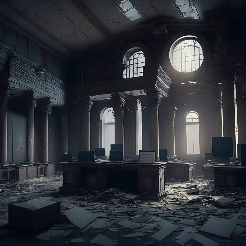 Intricate bank interior in ruin, desolate office spaces with empty desks, dimly lit scene, collapsing bank architecture, poignant mood, crypto symbols subtly etched on surfaces, chiaroscuro lighting, melancholy color palette, lingering employees, tense atmosphere, uncertain future for financial institutions in a crypto-regulated world. (349 characters)