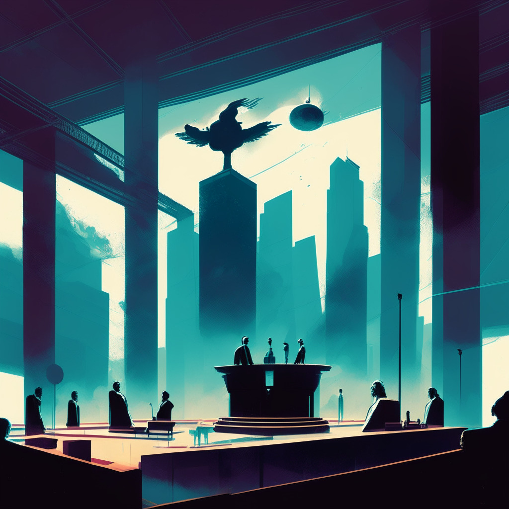 Ethereal courtroom scene, tension-filled air, powerful egos clashing, Singaporean skyline backdrop, judge wielding a gavel, abstract rendering of the Terra LUNA network, hints of a $6 million IOU, shadows of Twitter birds implying heated exchanges, soothing palette emphasizing regulation, glowing aura of transparency, somber atmosphere portraying the gravity of the situation