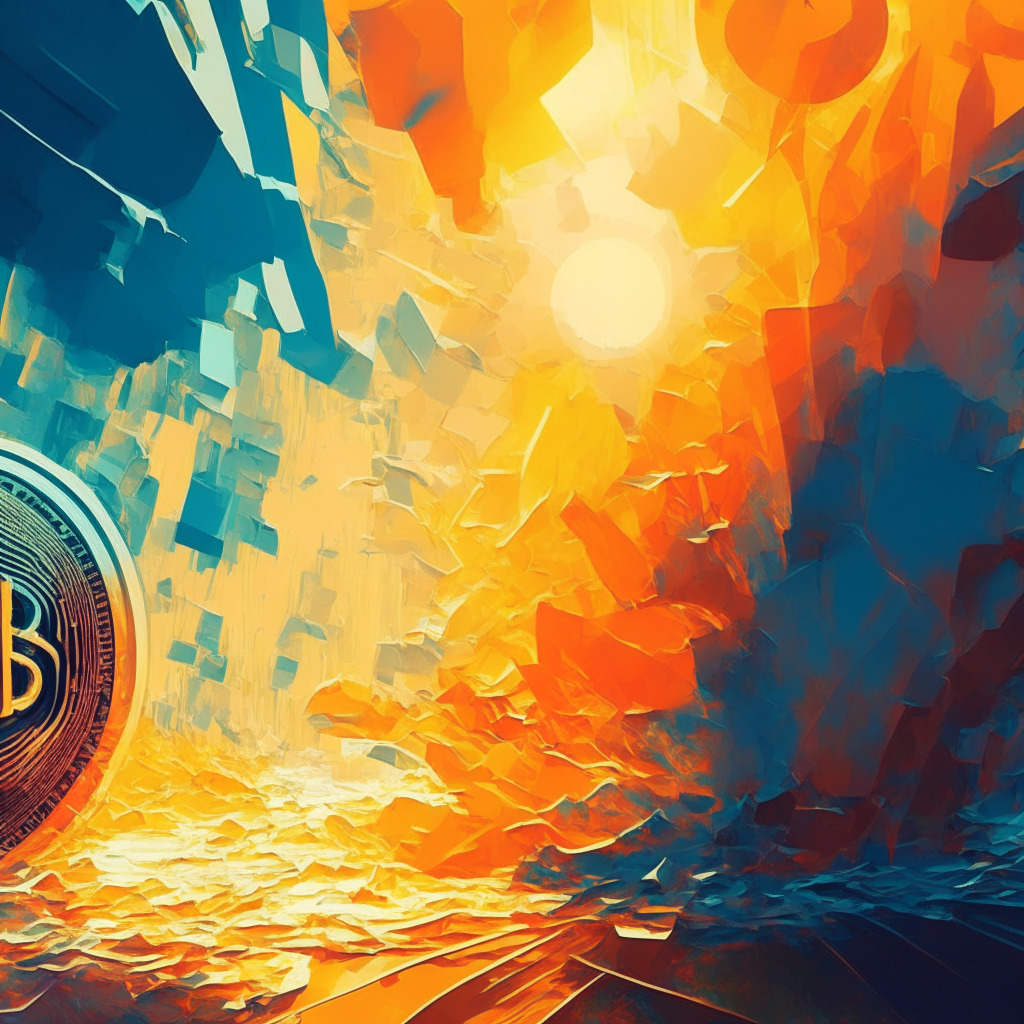 Crypto market fluctuation, smaller US banks' potential benefits, visionary CEO's prediction of $70k Bitcoin in 2024, contrasting skepticism amidst optimism, light and shadow play in an abstract depiction, warm and cool color palette, impressionistic style, air of unpredictability.