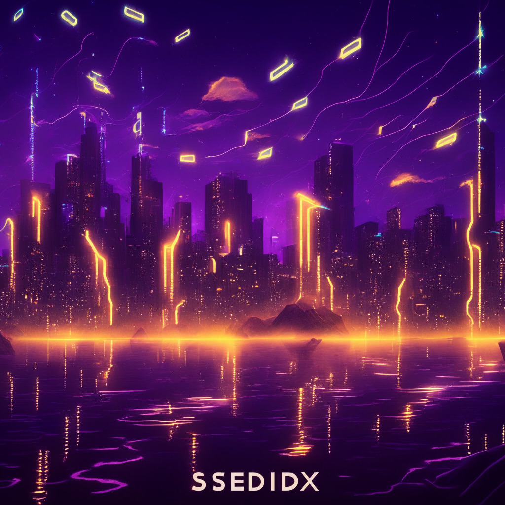 Futuristic financial landscape, SmarDex revolution, serene dusk setting, warm glowing lights, decentralized token exchange, hopeful mood, freedom from central authority, harmonious DeFi ecosystem, overcoming impermanent loss, liquidity pools balance, passive income opportunity, deflationary SDEX token, potential for growth, reimagine DEX&DeFi markets.