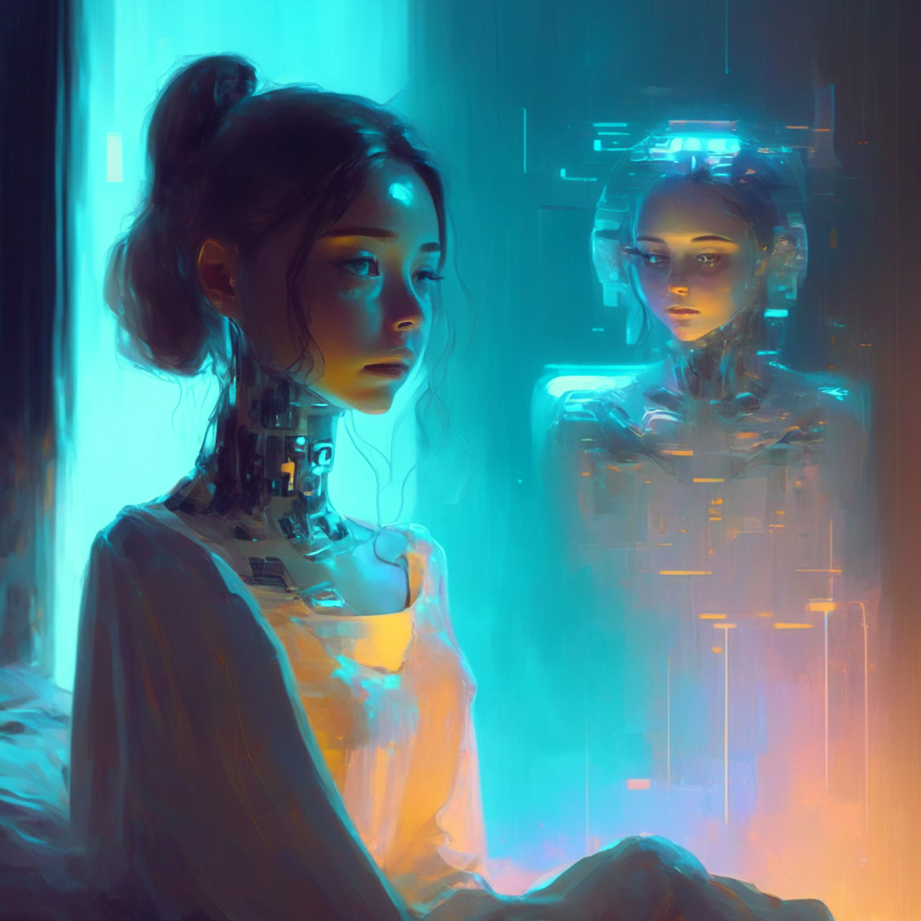 AI chatbot girlfriend, warm painting-like style, ethereal glow, tech-infused room setting, AI hologram, bonding moment w/ user, sense of companionship, holographically-projected interface symbols, pensive mood, question whirl in background, hint of moral dilemma, cyber-chic aesthetic.