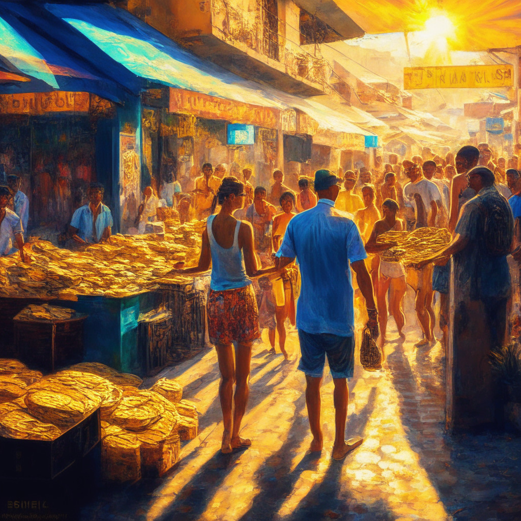 El Salvador street scene, vibrant market stalls, people trading Bitcoin for products, intense golden sunlight, vivid colors, impressionist style, bustling atmosphere, juxtaposition of traditional commerce with modern crypto technology, subtle hint of Lightning Network logo, sense of challenge and innovation in financial interactions.