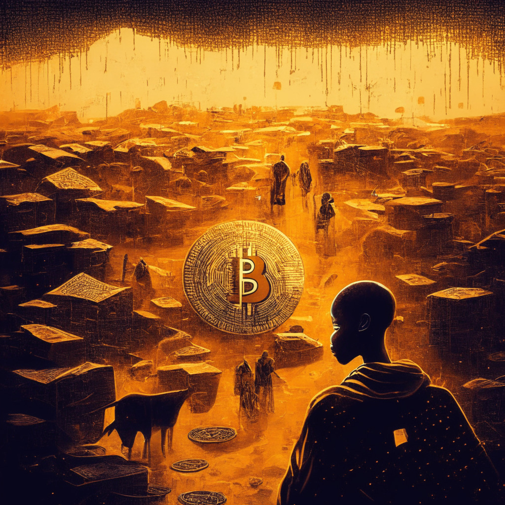 African Bitcoin landscape, Lightning Network adoption, stablecoins, high transaction fees, intricate blockchain design, golden hues, busy urban marketplace, unstable wallets, cross-border payments challenge, hope amidst chaos, lively artistic style, chiaroscuro lighting, financial empowerment mood.