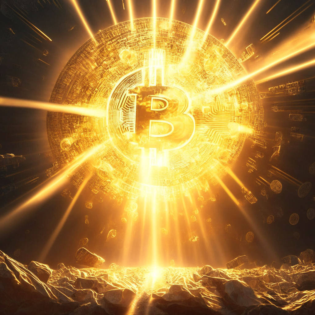 Enigmatic Bitcoin boom emerges, blockchain transaction fees soar, golden-hued light rays signify growth, 2023 cryptocurrency surge, climaxing Bitcoin demand, energetic and optimistic mood, majestic Bitcoin reaching $28,000, contemporary artistic style, digital financial revolution.