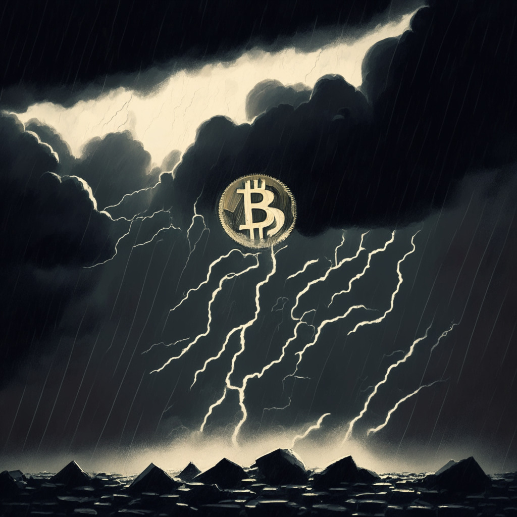 Chiaroscuro style illustration, strong contrast between light and dark, a stormy sky looming over the $27,000 Bitcoin support level, feeling of tension and uncertainty, a mix of pessimism and optimism, Bitcoin NFTs scattered, subtle reference to macroeconomic factors, lightweight yet significant, under 350 characters.