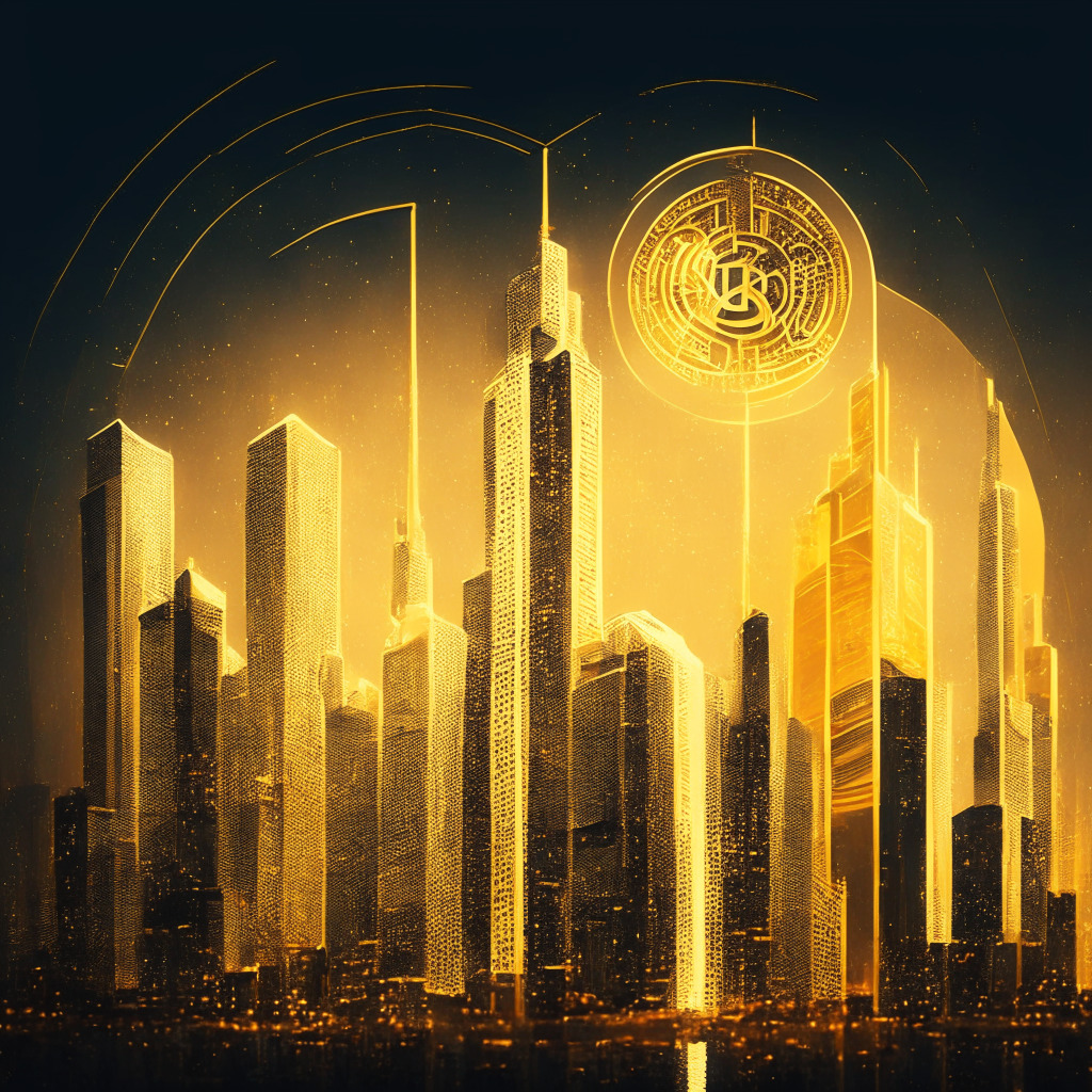 Golden-hued stablecoin, digital asset reserves, twilight cityscape with thriving skyscrapers, mood of cautious optimism, hints of dynamic currency, glowing interconnected blockchain network, subtle contrast between profit & customer interests, unique harmonious style.