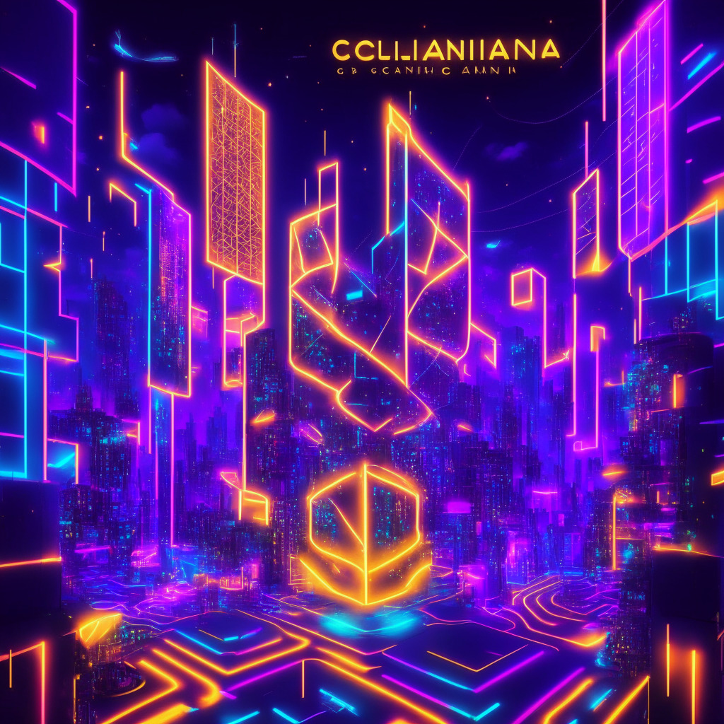 A futuristic blockchain city with AI-powered chatbots interacting with users, glowing neon light setting, intricate geometric patterns symbolizing blockchain, a blend of cubism and futurism art styles, a sense of excitement and innovation in the air while highlighting data privacy and security, celebrating Solana's groundbreaking ChatGPT integration.