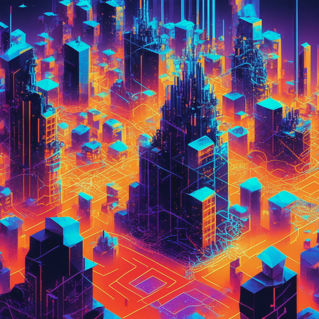 Intricate blockchain cityscape, Solana & Ethereum battling as towering structures, bright contrasting colors, dramatic chiaroscuro lighting showcasing scalability & affordability, tense mood, users migrating from Ethereum to Solana, tiny figures with transaction arrows, AI integration hints.