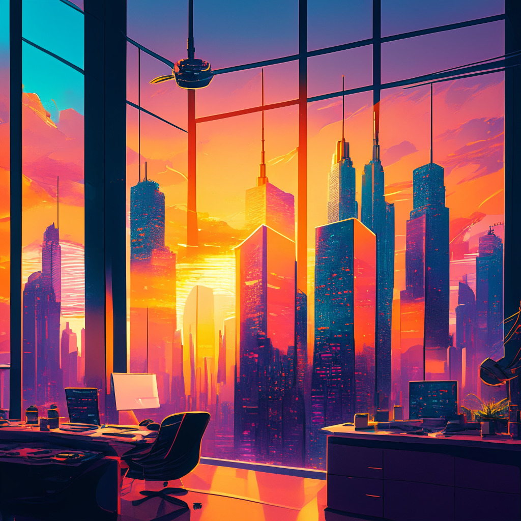Futuristic NYC skyline, Solana-themed office space, co-working environment, Lower Manhattan, vibrant colors, tech and blockchain elements, city as a global Web3 epicenter, artists and developers collaborating, overcoming setbacks, dedication to innovation, warm sunset lighting, inspiring mood, painterly art style
