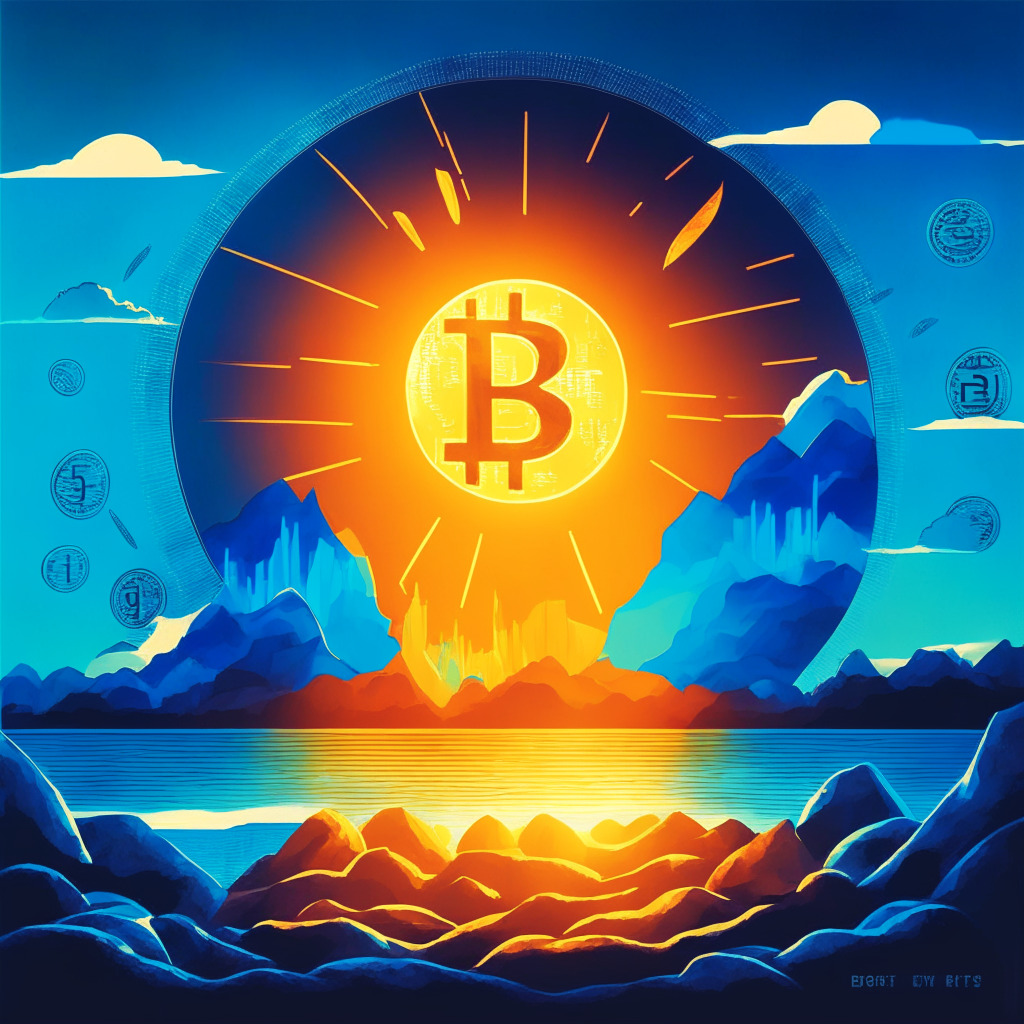 Cryptocurrency market scene, artistic representation of Solana coin, falling wedge pattern, sunrise at the horizon symbolizing potential recovery, light illuminating a bullish reversal, tints of blue and orange referencing MACD, hopeful and anticipatory mood, contrast between dark and light shades as price challenges resistance.