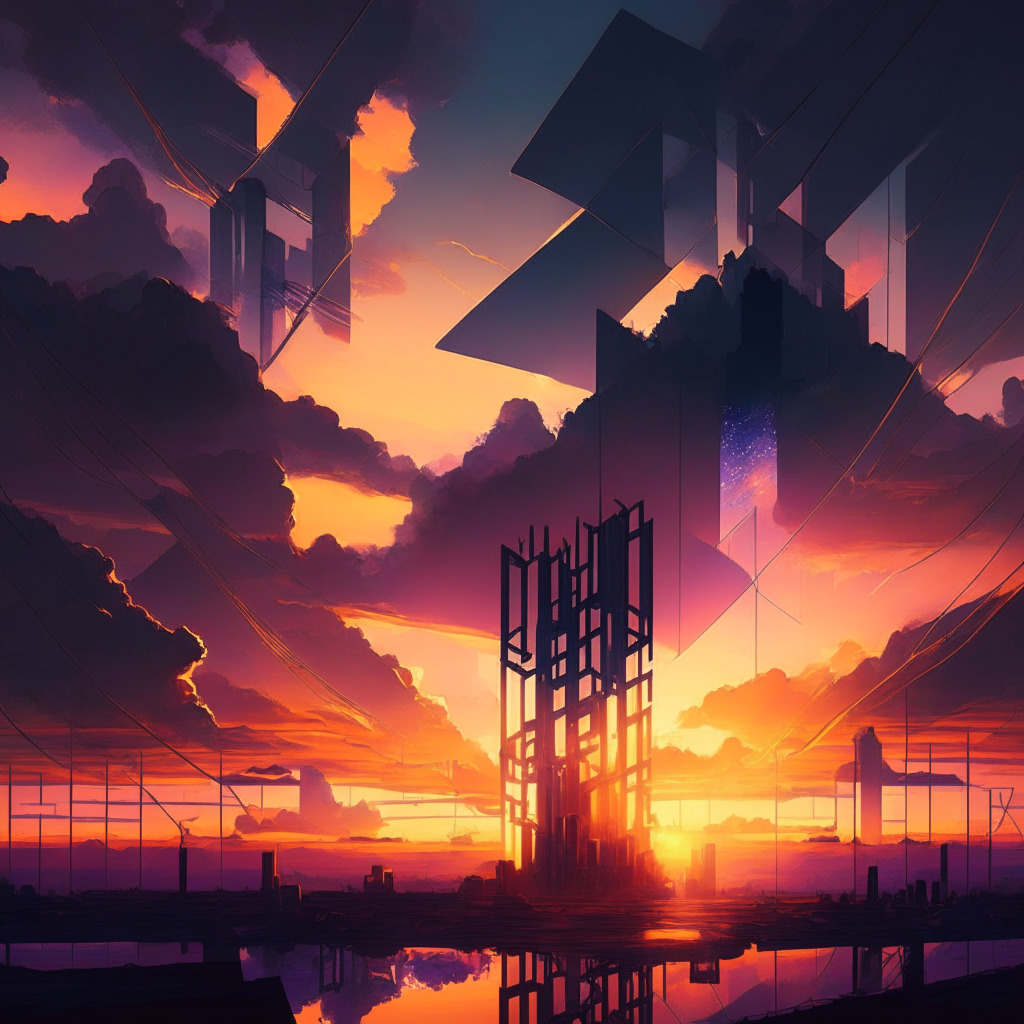 Sunset-lit digital landscape, Solana and Ethereum as towering structures, contrasting shadows, NFT artists caught in the crossfire, Metaplex bridge between the structures, fee-based barrier restricting passage, strings of code in the clouds, air of tension with a glimmer of hope.