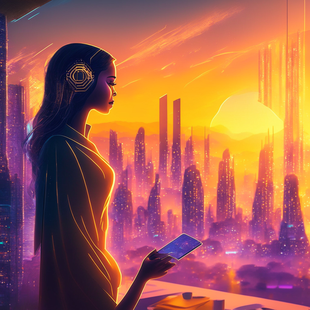 A futuristic cityscape under golden-hour light, showcasing a stylish individual immersed in their sleek Android phone, Solana's Saga, with holographic dApp store and Seed Vault icons floating around them. The scene encapsulates a serene yet dynamic mood, reflecting the Web3.0 revolution and seamless integration of crypto, NFTs, and decentralized apps into daily life.
