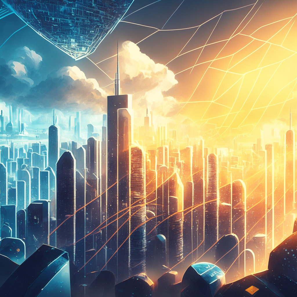 Futuristic city skyline with high-speed transactions, diverse cryptocurrencies whizzing past, Solana ecosystem thriving, sunlight breaking through clouds onto a blockchain network, contrast between congested Bitcoin & Ethereum, hopeful investors analyzing charts, mood of cautious optimism, element of risk & reward, no-brand tokens & digital coins.