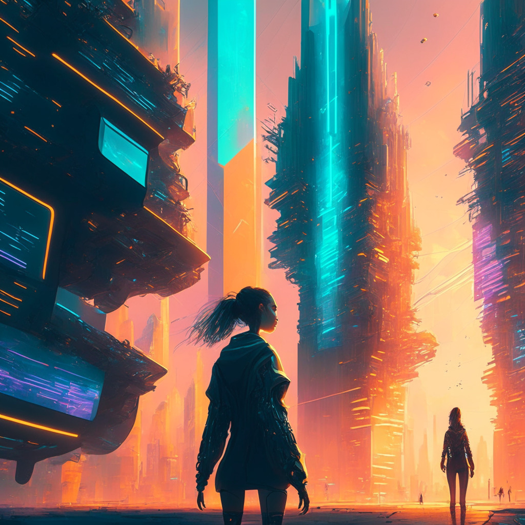 Futuristic cityscape, blockchain nodes intertwined, glowing metaverse portals, NFT art gallery, diverse virtual characters interacting, warm sunlight, distinct cyberpunk aesthetic, secure data exchange, dynamic composition, optimistic yet cautious mood, exploration of disruptive technologies.
