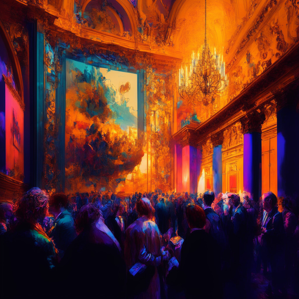 Generative art auction scene, diverse NFT masterpieces, vibrant colors and textures, algorithmic complexity, artist signatures, Sotheby's grand hall, golden hour light, baroque-inspired style, poignant and inspiring atmosphere, debate over uniqueness and value, cautious excitement.
