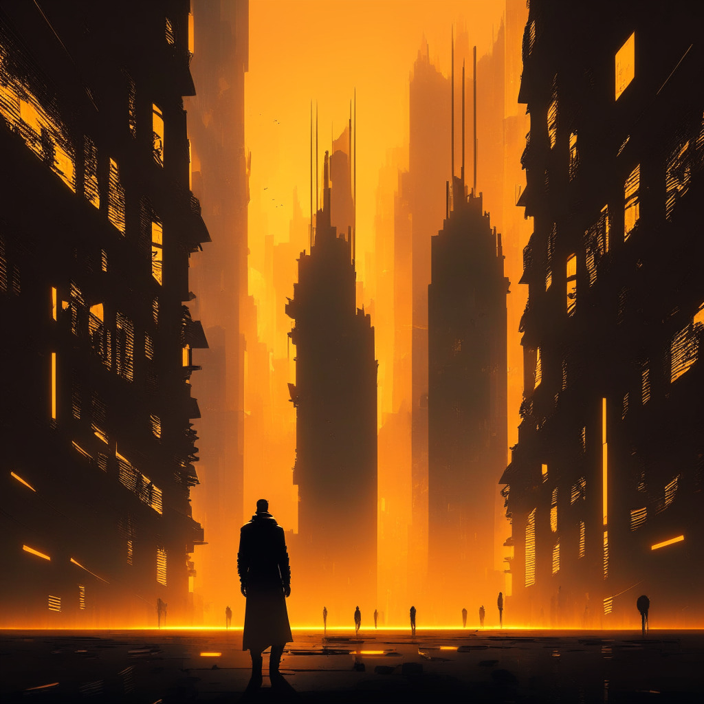 Shadowy figure scamming investors, intricate cyberpunk cityscape, warm golden light as a symbol of wealth, dark corners hinting at danger, intense emotions on victims' faces, retrofuturistic art style, anxious atmosphere, digital currencies scattered, sleek geometric elements representing industry innovation, 350 characters.
