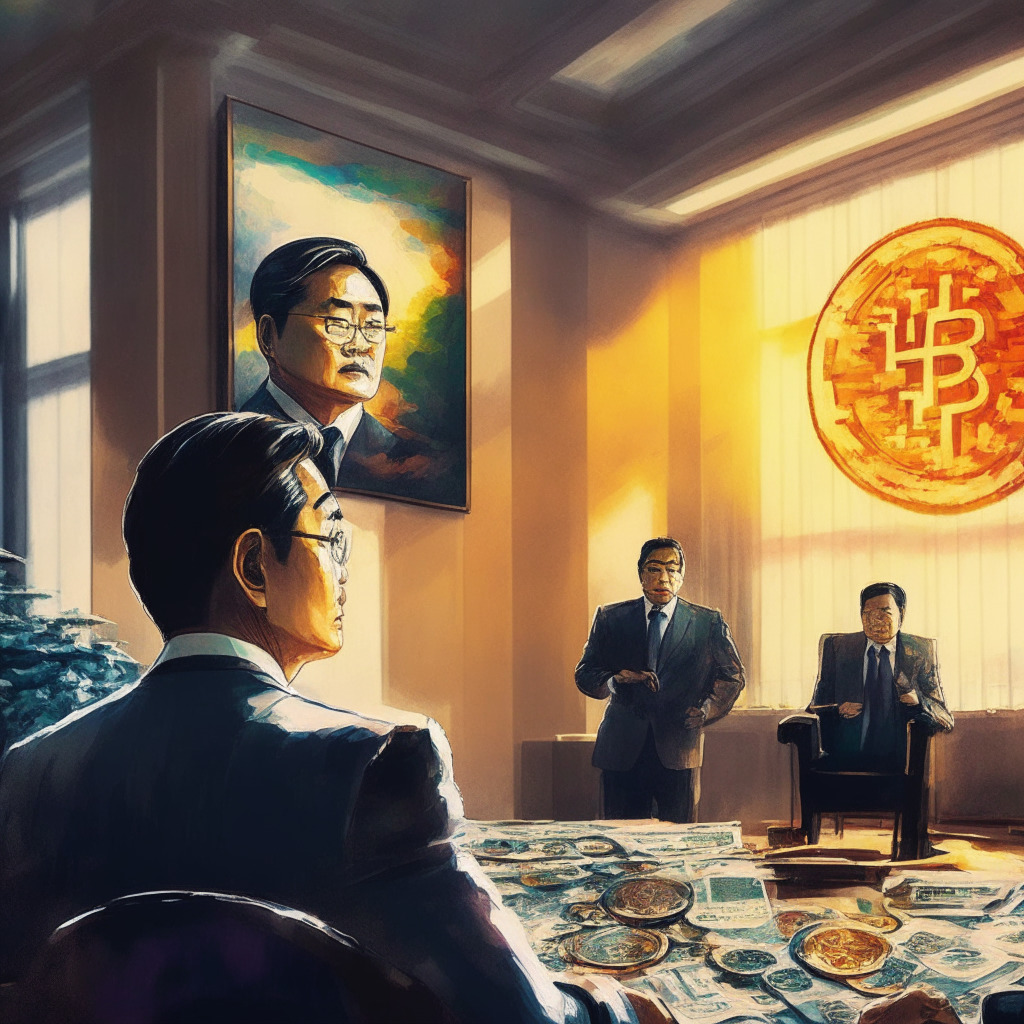 South Korean PM advocating crypto asset disclosure, Sejong Government Complex, sunlit room, intense discussion, modern painting in background reflecting debate, warm contrast in colors, the mood is serious and decisive, hint of transparency in the atmosphere, focus on unity between officials & technology.