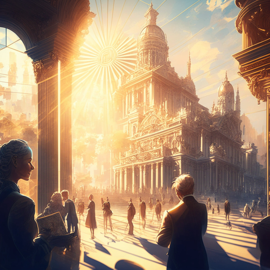 Intricate cityscape, public officials in discussion, transparent blockchain imagery, warm sunlight shining through, displays of diverse cryptocurrencies, Baroque-inspired art style, strong contrasts in lighting, confident and transparent atmosphere, lively mood.
