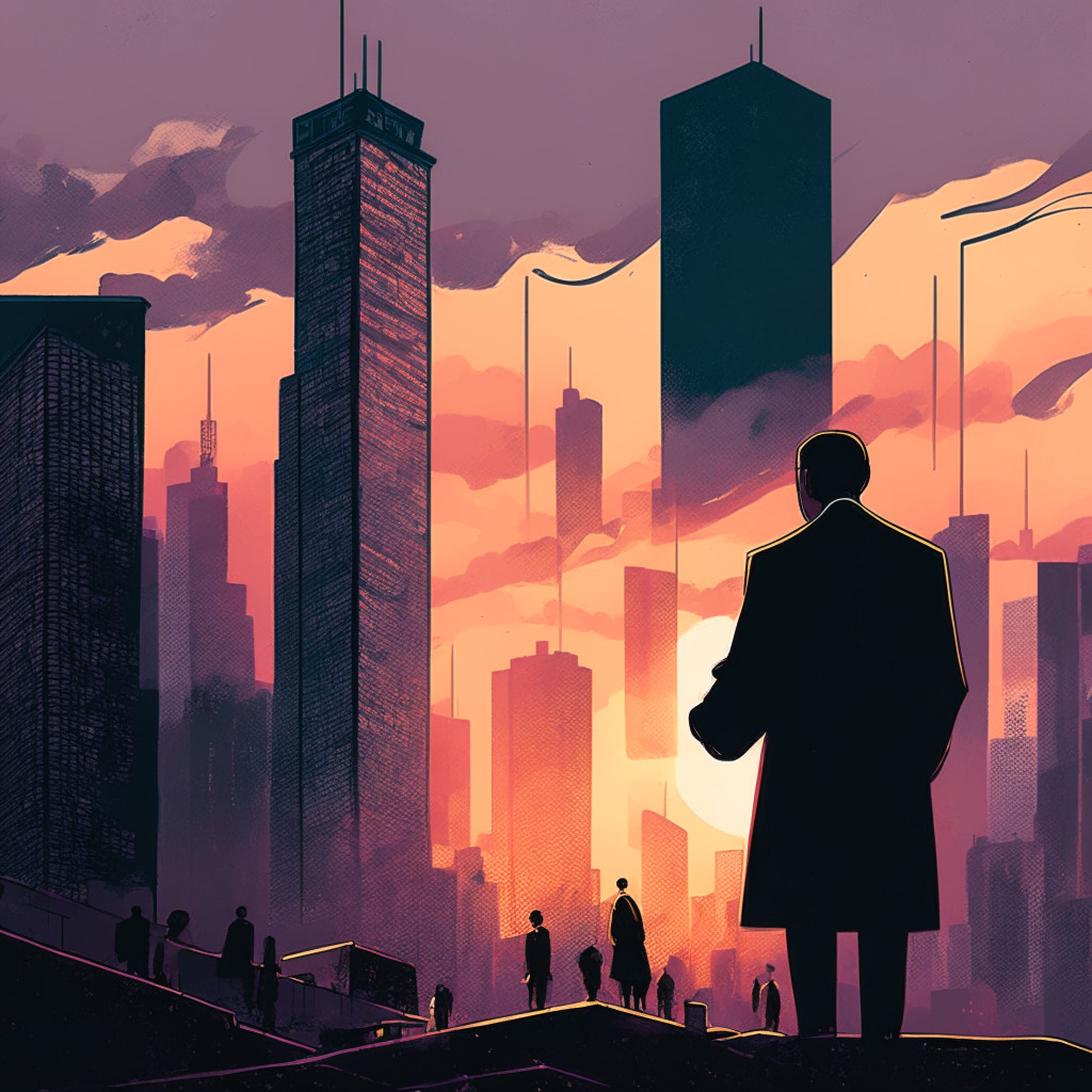 Sweeping view of Seoul's skyscrapers, moody dusk sky, silhouettes of prosecutors and cryptocurrency symbols, tense atmosphere with contrasting warm and cool hues, subtle impressionist style, a lawmaker holding a digital ledger, enigmatic expressions, hint of legal documents fluttering, blend of digital and traditional elements, metaphorical spotlight on crypto regulation debate.