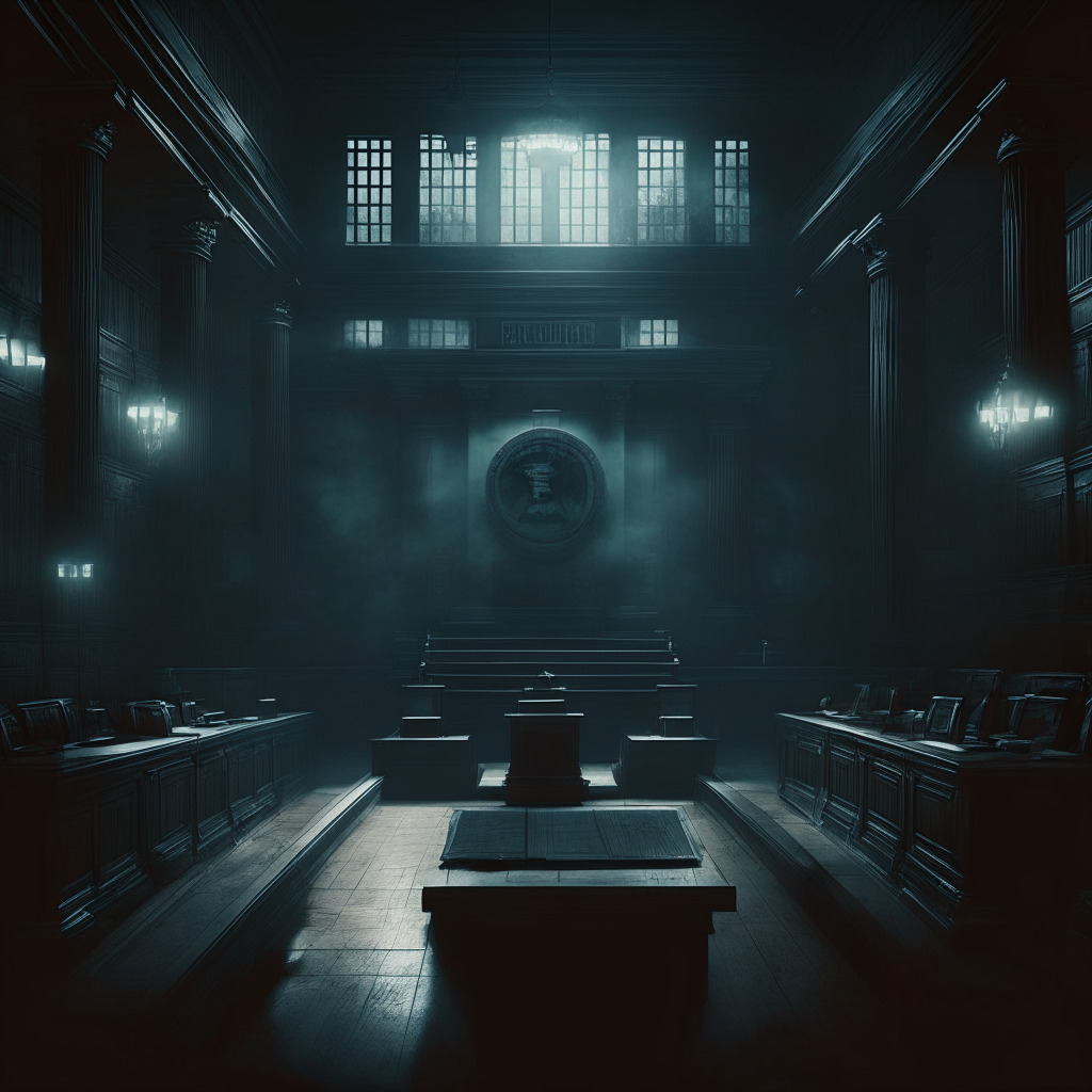 Eerie courtroom, tense atmosphere, South Korean CEO, looming financial crime sentence, Terra-Luna crypto project chaos, crumbling coins, Montenegro hearing, web of deceit and alleged fraud, somber palette, chiaroscuro lighting, high stakes drama, dark and mysterious mood.