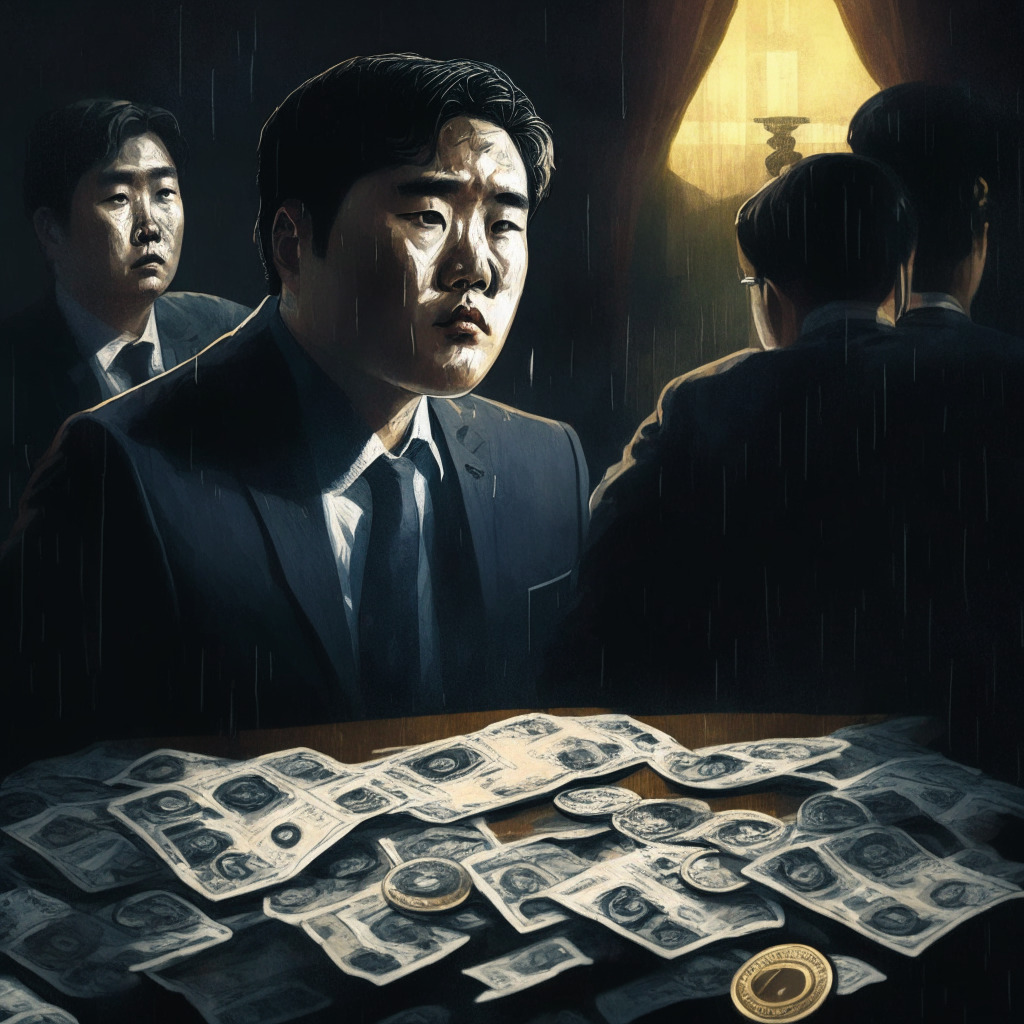 Intricate political scandal, cryptocurrency exchanges, South Korean lawmaker, resignation, debate on insider trading and preferential treatment, uncertainty and skepticism, moody atmosphere, chiaroscuro lighting, somber palette, pensive expression, digital wallet backdrop, a mix of realism and impressionism, ongoing legislative discussions, and quest for transparency in the crypto space.
