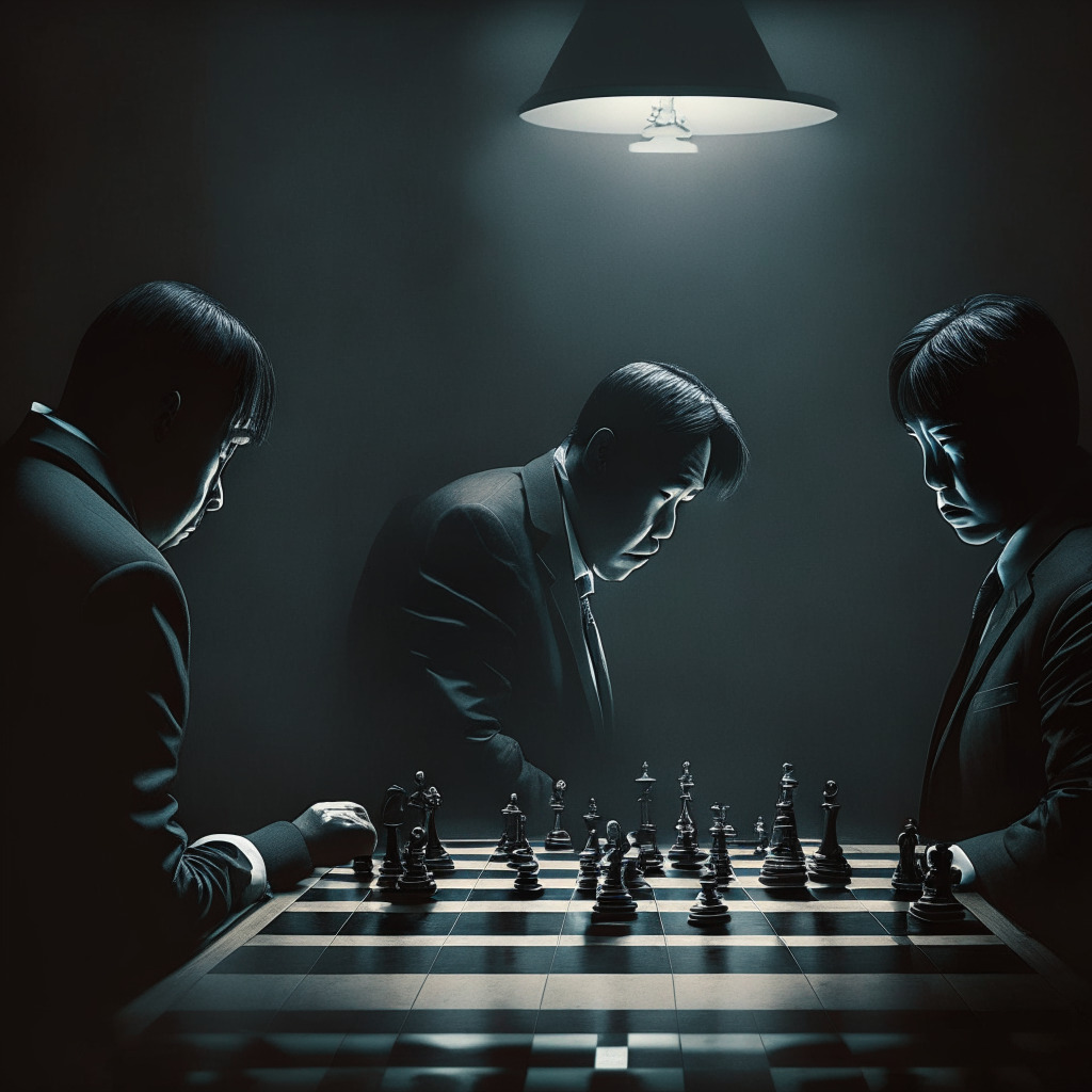 South Korean political drama, crypto scandal scene, dark room with dim lighting, tension between rival politicians, a chessboard symbolizing strategy, ethical debate in the background, murky shadows representing conflicting interests, subdued colors contrasting with pockets of intensity, overall mood of intrigue and impending conflict.