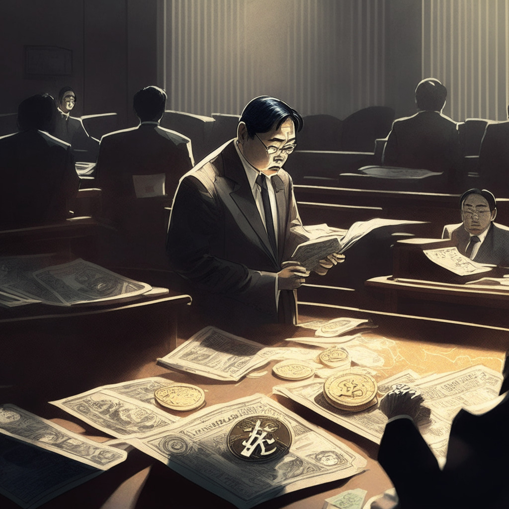 Cryptocurrency scandal illustrated: South Korean politician, contrasting ethical practices with innovative growth, daytime courtroom setting, somber mood, intricate balance metaphor, digital currency symbols amidst legal documents, chiaroscuro lighting, hatched shading technique.