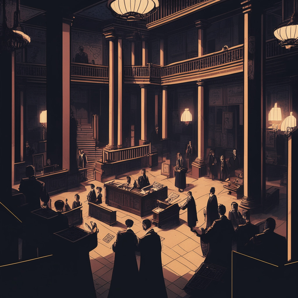 Intricate parliament scene, South Korean lawmaker stepping out, dimly lit room, Renaissance art style, somber mood, tense expressions, open legislation book with crypto symbols, distant central bank building, innovators working on digital platforms, juxtaposition of regulation & growth, balanced composition, subdued color palette.
