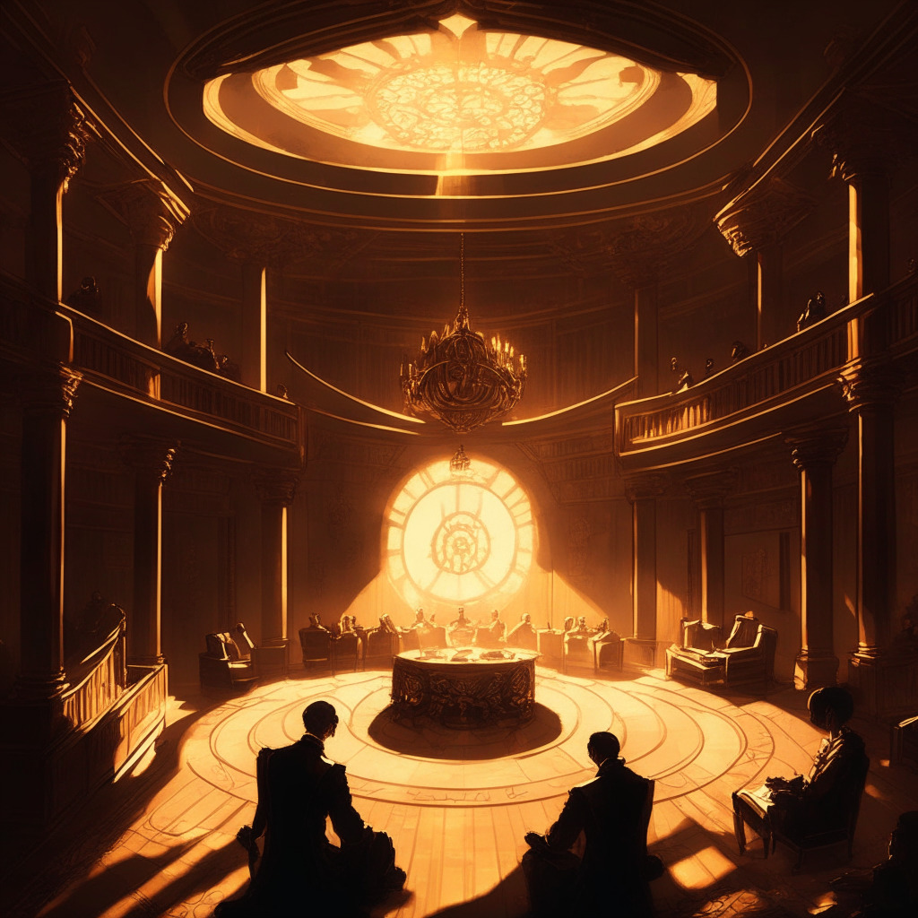 Intricate government chamber, South Korean lawmakers discussing, crypto assets illuminated, Baroque art style, shadows hinting at controversy, warm golden hues, tension in the air, serene atmosphere, balance of light and dark, a clash of traditional and modern elements, transparency as the central theme.