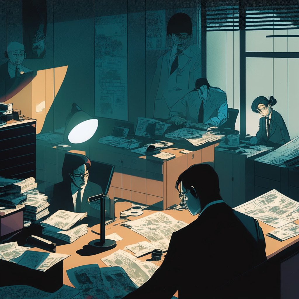 South Korean crypto investigation scene, Prosecutor-General at forefront, dimly lit office setting, tension and mystery, subdued colors, cubist style, prominent documents with crypto-related info, hint of political characters in shadows, underlying conflict between transparency and secrecy.