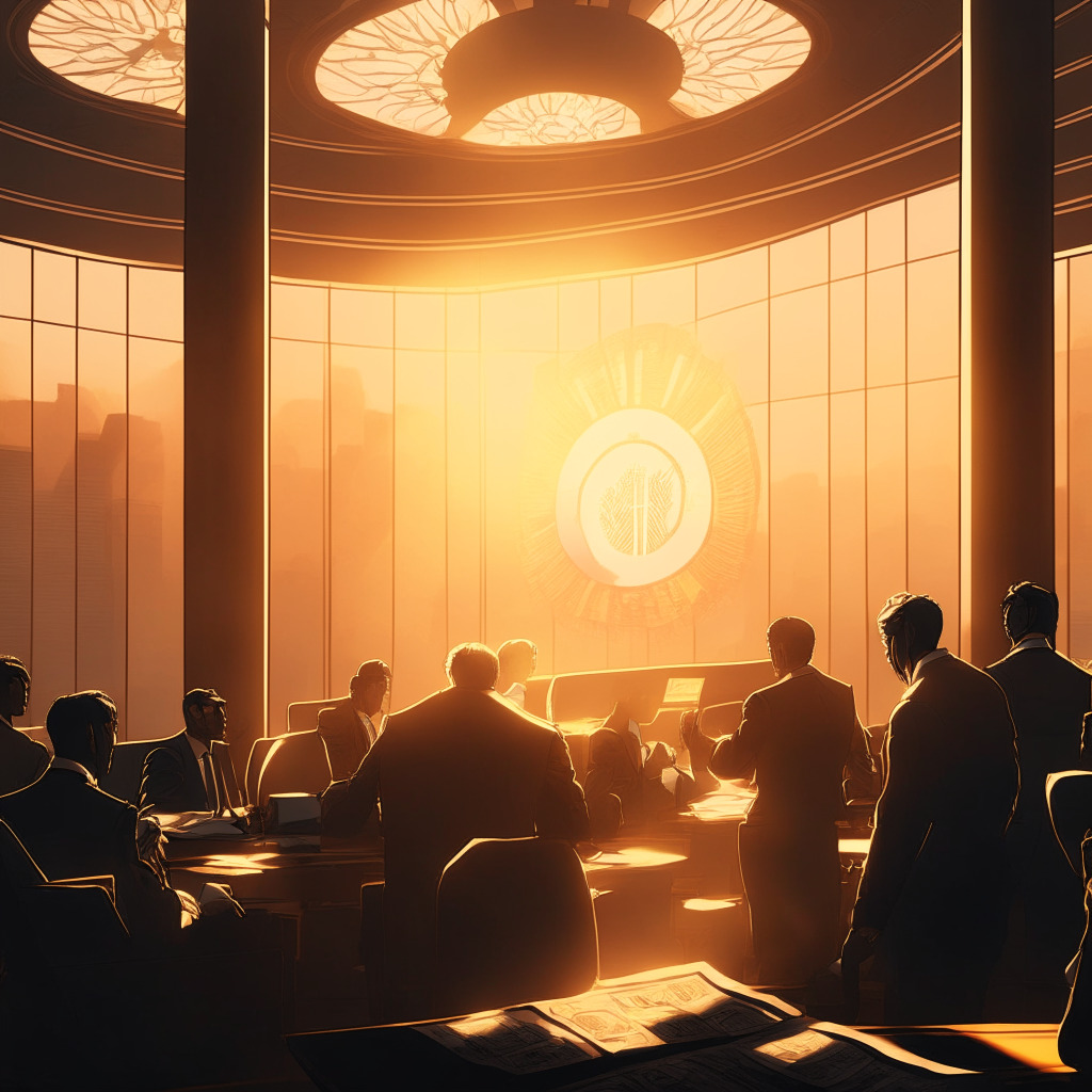 South Korean political debate, cryptocurrency regulation, intense spotlight. Image: Aesthetic government chamber, lawmakers discussing intricately designed, futuristic crypto bills, golden-hued sunrise streaming through the large windows, casting a subtle contrast of light and shadow. Mood: Dynamic tension, metamorphosing market landscape.