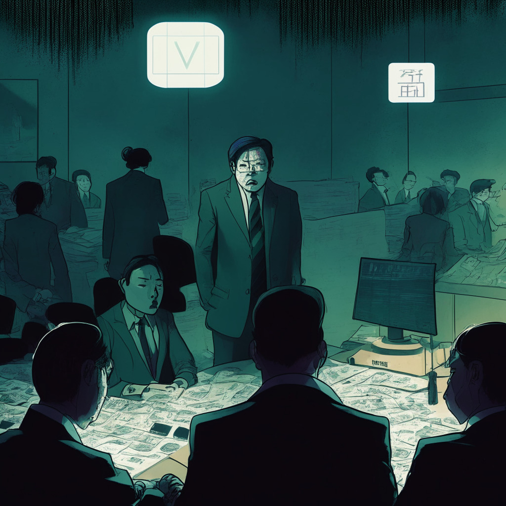 Intricate South Korean political scene, opposition lawmaker & controversial crypto transactions, time period: late February-early March 2022, dimly lit office background, tense atmosphere, an ominous undertone, abstract representation of WEMIX tokens, uncertain regulatory environment, highlighting urgent need for regulatory clarity, blending modern art with informative visual storytelling.