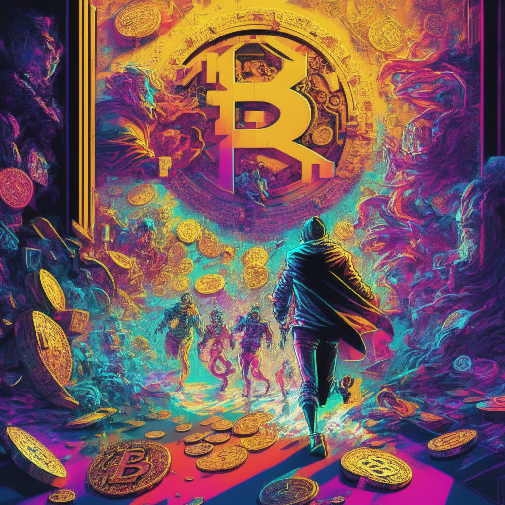 Intricate crypto artwork, speedrun-inspired elements, virtual race against time, colorful memecoins, contrasting light and shadows, dynamic composition, hints of skepticism, intense yet playful atmosphere, bold artistic strokes, financial world meeting gaming culture.