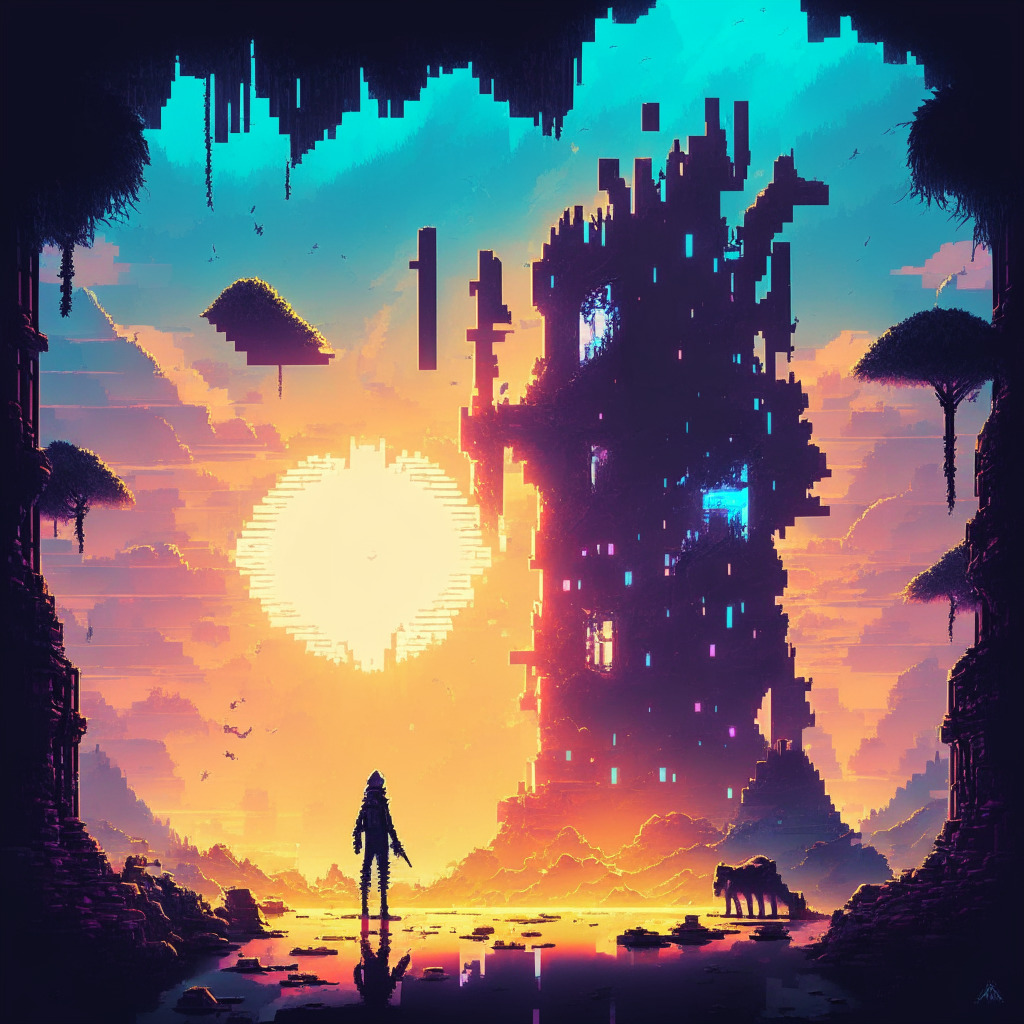 Surreal pixel art gaming landscape, blockchain elements, mythical creatures, glowing Web3 portal, sun rays breaking through digital clouds, cyberpunk aesthetic, immersive metaverse vibes, curious explorer character, contrast of light & shadows, determination and innovation mood in scene.