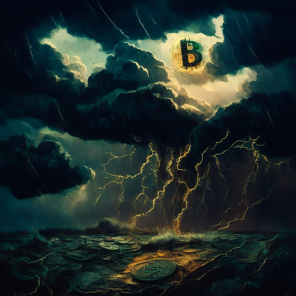Dark, turbulent financial landscape, contrasting colors, heavily textured brushstrokes, looming storm clouds, unstable ground, intertwined dollar and crypto coins, shadows of regulatory oversight, glow of DeFi and trading access, melancholic mood, hopeful rays of light piercing through.