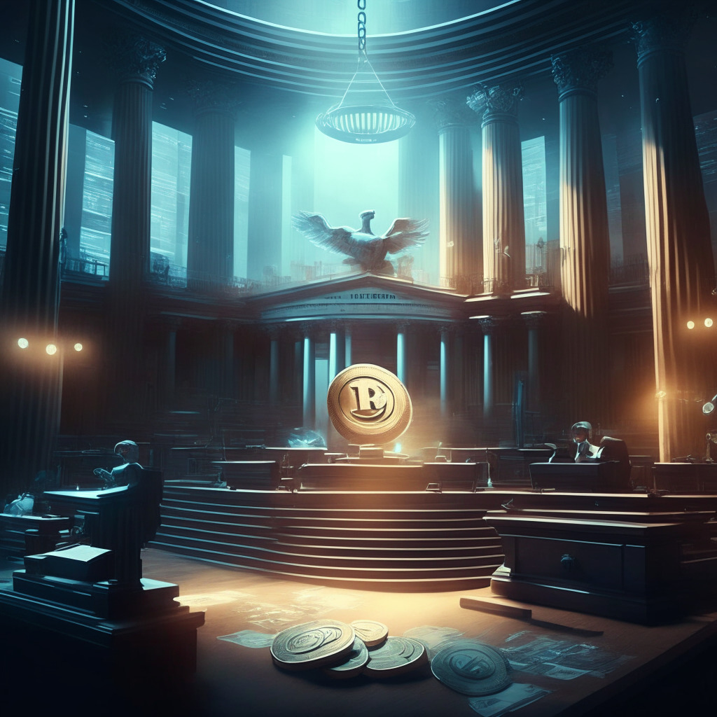 Ethereal courtroom scene with stablecoins floating, lawmakers deliberating, competing draft bills, balance scale symbolizing regulatory balance, digital payment innovation, soft lighting, hint of tension, mood of anticipation, unity among contrasts, U.S. leading fintech revolution.