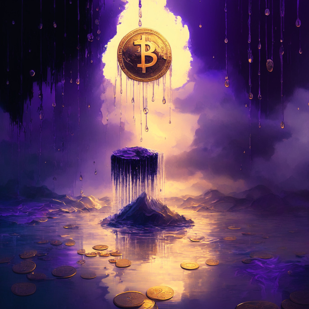 Eerie twilight setting, shaking gold coins pouring into a fading crypto sphere, blending of classicism and cubism, expressive hues of blues and purples, a looming bearish shadow, tension and uncertainty, dwindling liquidity depicted by scattered droplets, a glimmering ray of hope in TrueUSD coin, fragmented pathways to growth.