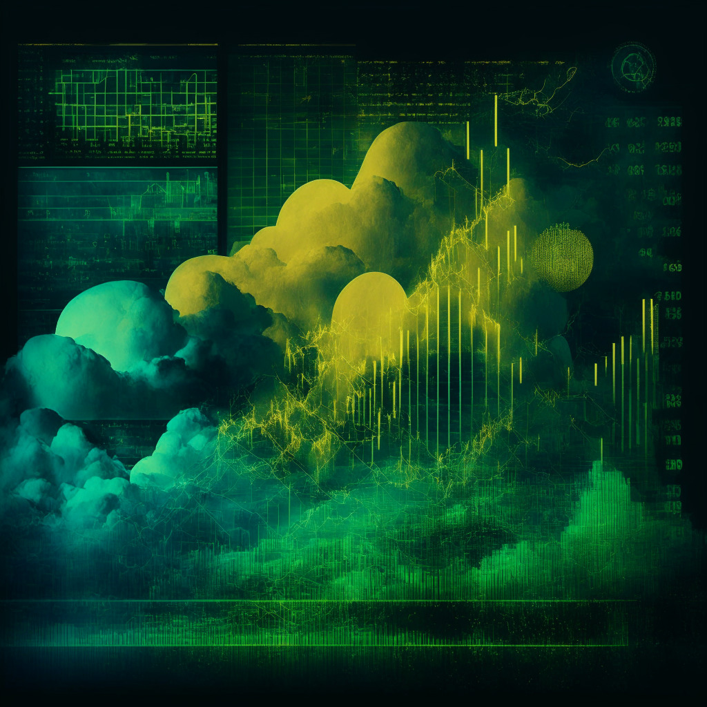Intricate financial landscape, balanced scale with USDT dominant, subtle impressionist style, golden-tinged lighting, hues of green and blue, uncertain mood, stablecoins amidst traditional finance, market share bar graph, shifting regulations as storm clouds, chiaroscuro play of light and shadow.