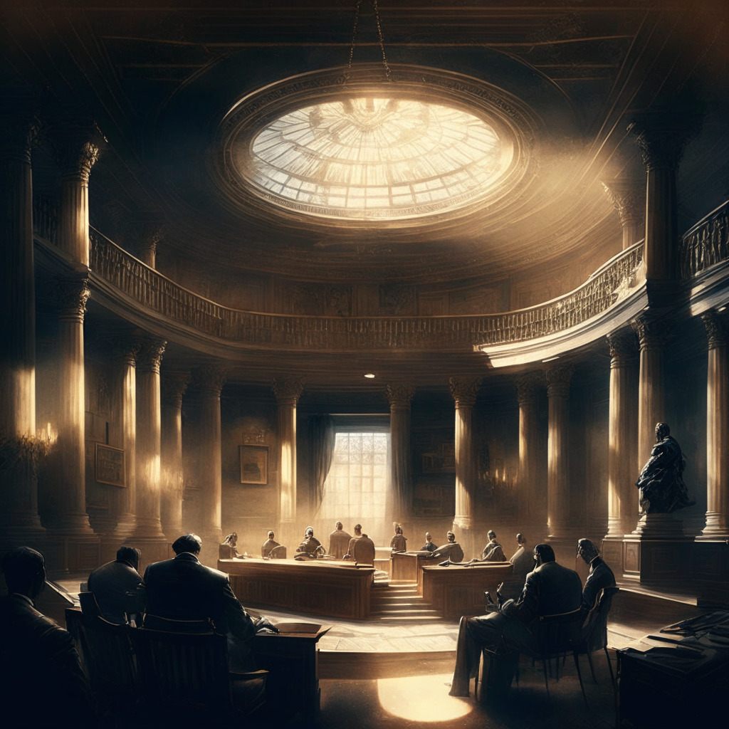 Intricate congressional chamber, lawmakers discussing, digital currency symbols, balance scale with innovation & protection, soft warm light, blend of realism & impressionism, contemplative & dynamic mood.