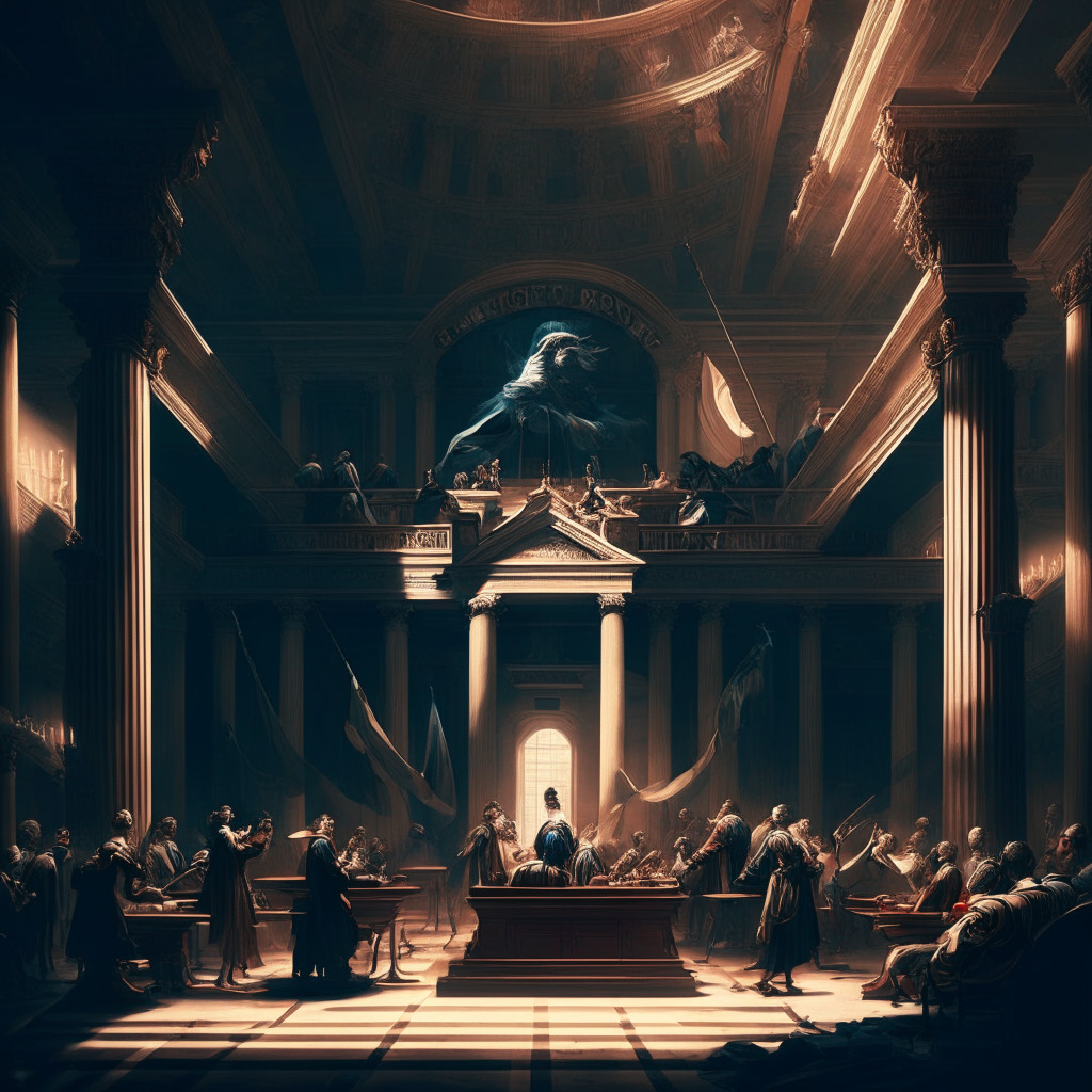 Intricate court scene, lawmakers engaged in a discussion, a digital futuristic currency symbol hovering, gentle chiaroscuro lighting, neoclassical-Baroque fusion style, intense color contrasts, sense of urgency and commitment, atmosphere of innovation and dollar strength.