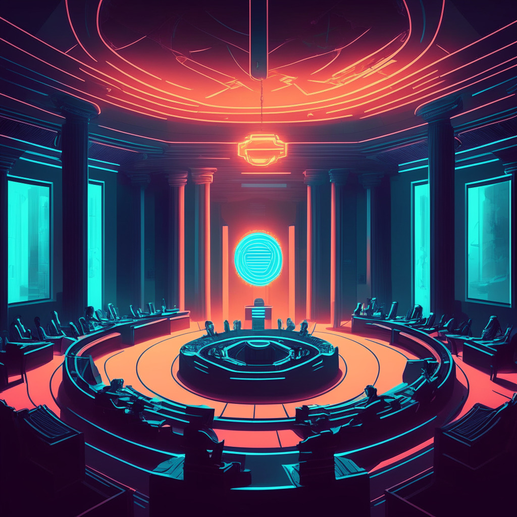 Intricate government chamber scene, federal vs. state control debate, stablecoin regulation discussion, animated legislators, cool color palette, soft illumination, earnest and intense atmosphere, harmonious balance symbolizing middle ground, a futuristic digital currency element, no logos.