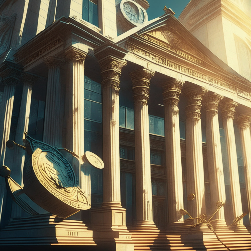 Stablecoin Bail Payment Scene: A courthouse facade with digital balance scales, intricately designed columns, cryptocurrency symbols as currency, ray of sunlight casting soft shadows, neo-gothic architectural style, solemn and pensive atmosphere, hint of skepticism in the air, vibrant colors yet subdued hues, a subtle convergence of tradition and innovation.
