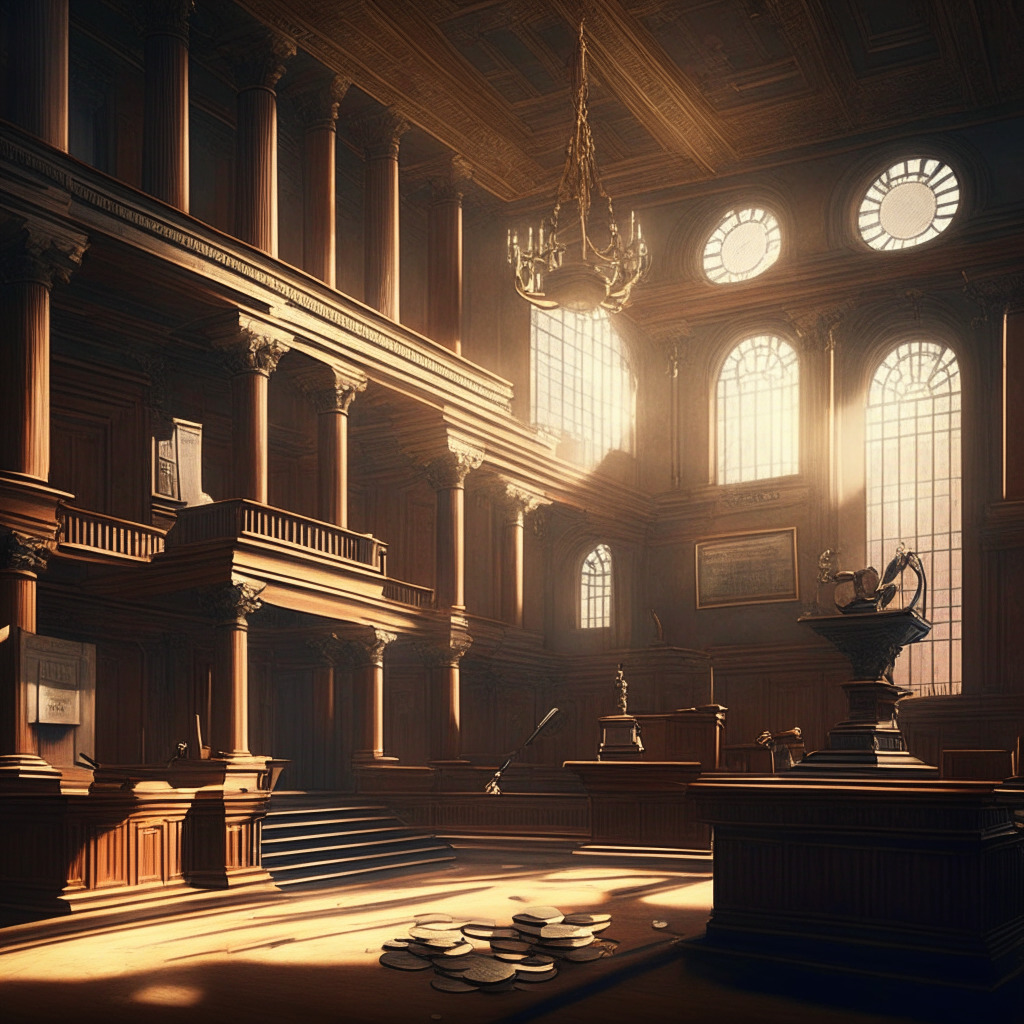 Intricate courthouse interior, auctioneer gavel, stablecoins, traditional cash and cards, warm lighting, chiaroscuro effect, lively atmosphere, balanced mix of innovative technology and classical architectural elements, tense mood, subtle undertone of controversy and uncertainty.